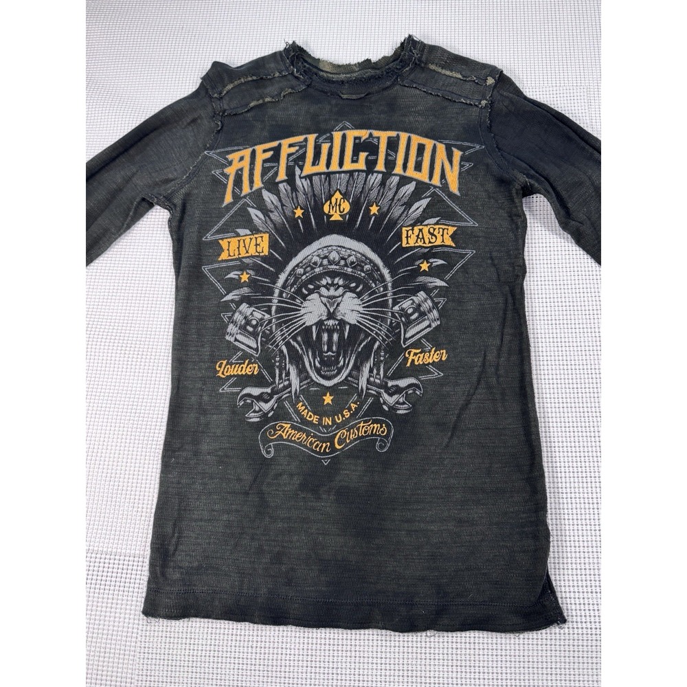 Affliction Reversible Thermal Shirt Mens S Eagle Panther Distressed Long Sleeve